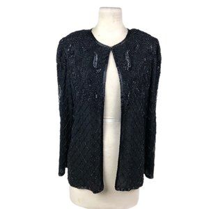 Papell Boutique Evening Black Silk Beaded Long Sleeve Jacket Coat Vintage Size L